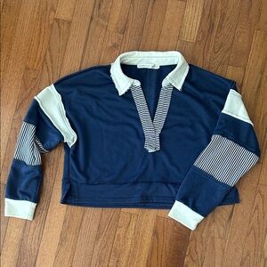 Altar’d State.  Navy and Cream Striped Collared Sweatshirt. Size Small